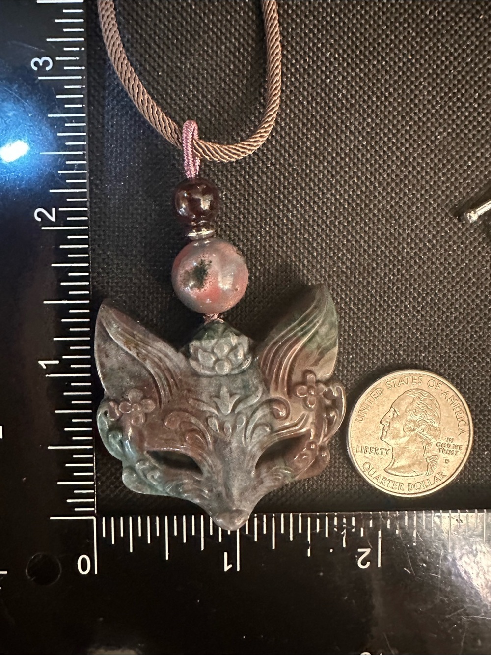 Blue & Purple Ocean Jasper Fox Mask Pendant Necklace on Brown Rope with Garnet - Picture 13 of 13